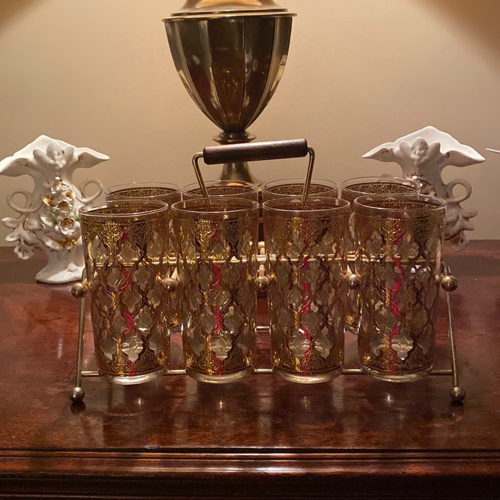EUC set of 8 vintage Culver highball glasses with 22 kt gold Valencia design